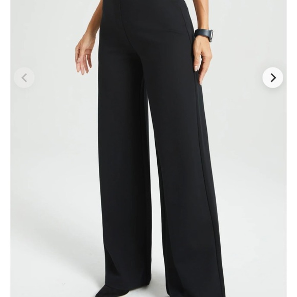 Betabrand Black Ponte‎ Knit Wide Leg Cropped Pants Women's Size L Petite